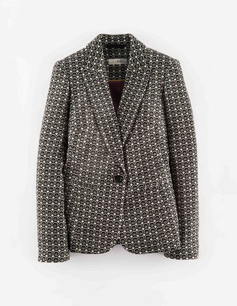 Clarendon Jacket Jacquard Women, Jacquard - style: single breasted blazer; collar: standard lapel/rever collar; length: below the knee; secondary colour: white; predominant colour: black; fit: tailored/fitted; sleeve length: long sleeve; sleeve style: standard; collar break: medium; pattern type: fabric; pattern size: light/subtle; pattern: patterned/print; texture group: woven light midweight; occasions: creative work; season: s/s 2015