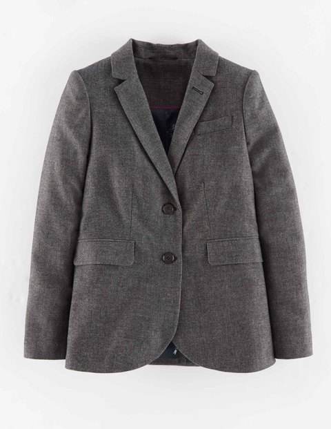 Chelsea Jacket Donegal Grey Women, Donegal Grey - pattern: plain; style: single breasted blazer; collar: standard lapel/rever collar; predominant colour: charcoal; occasions: casual, work, creative work; length: standard; fit: tailored/fitted; fibres: wool - mix; sleeve length: long sleeve; sleeve style: standard; collar break: medium; pattern type: fabric; texture group: woven light midweight; season: s/s 2015