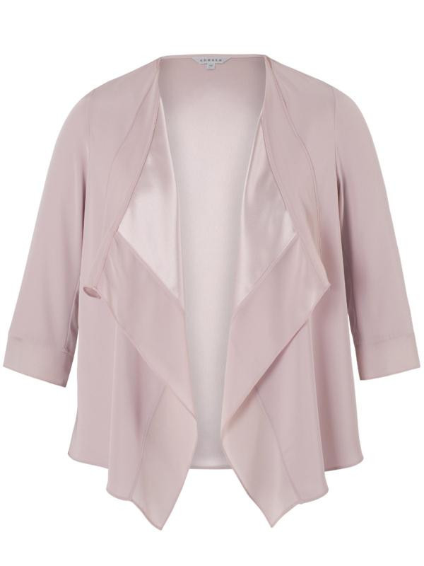 Powder Pink Satin Back Crepe Jacket - pattern: plain; collar: shawl/waterfall; fit: loose; occasions: casual, occasion, creative work; length: standard; fibres: polyester/polyamide - mix; sleeve length: 3/4 length; sleeve style: standard; texture group: crepes; collar break: low/open; pattern type: fabric; predominant colour: dusky pink; style: fluid/kimono; season: a/w 2015