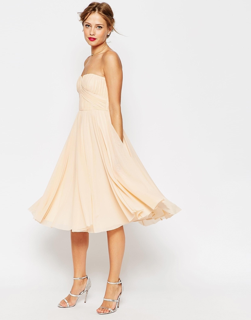 Wedding Ruched Bodice Bandeau Midi Dress Nude - length: below the knee; neckline: strapless (straight/sweetheart); pattern: plain; sleeve style: strapless; predominant colour: nude; fit: fitted at waist & bust; style: fit & flare; fibres: viscose/rayon - stretch; occasions: occasion; sleeve length: sleeveless; texture group: sheer fabrics/chiffon/organza etc.; pattern type: fabric; season: a/w 2015