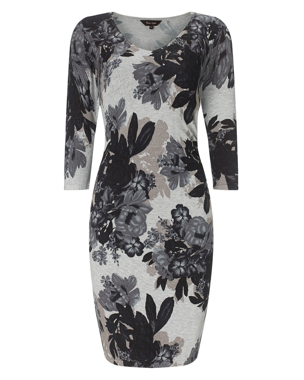 Horley Rose Print Dress - neckline: round neck; fit: tight; style: bodycon; predominant colour: charcoal; secondary colour: light grey; occasions: casual; length: just above the knee; fibres: nylon - mix; sleeve length: 3/4 length; sleeve style: standard; texture group: knits/crochet; pattern type: knitted - fine stitch; pattern size: big & busy; pattern: florals; season: a/w 2015