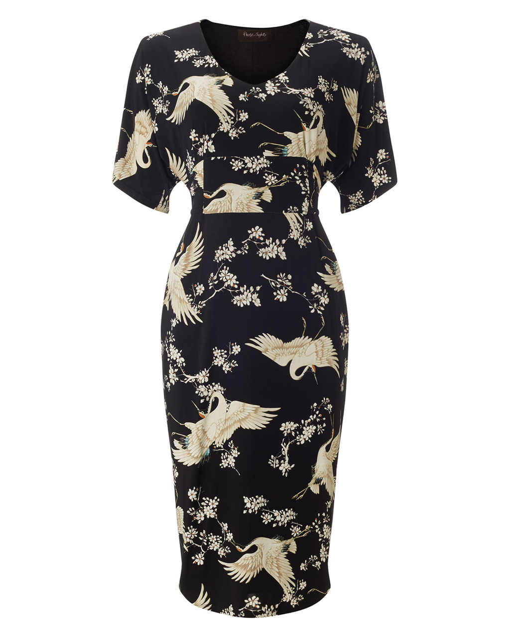 Klaudia Dress - style: shift; length: below the knee; neckline: v-neck; fit: tailored/fitted; secondary colour: stone; predominant colour: black; occasions: evening, occasion; fibres: polyester/polyamide - stretch; sleeve length: short sleeve; sleeve style: standard; pattern type: fabric; pattern size: standard; pattern: patterned/print; texture group: woven light midweight; season: a/w 2015