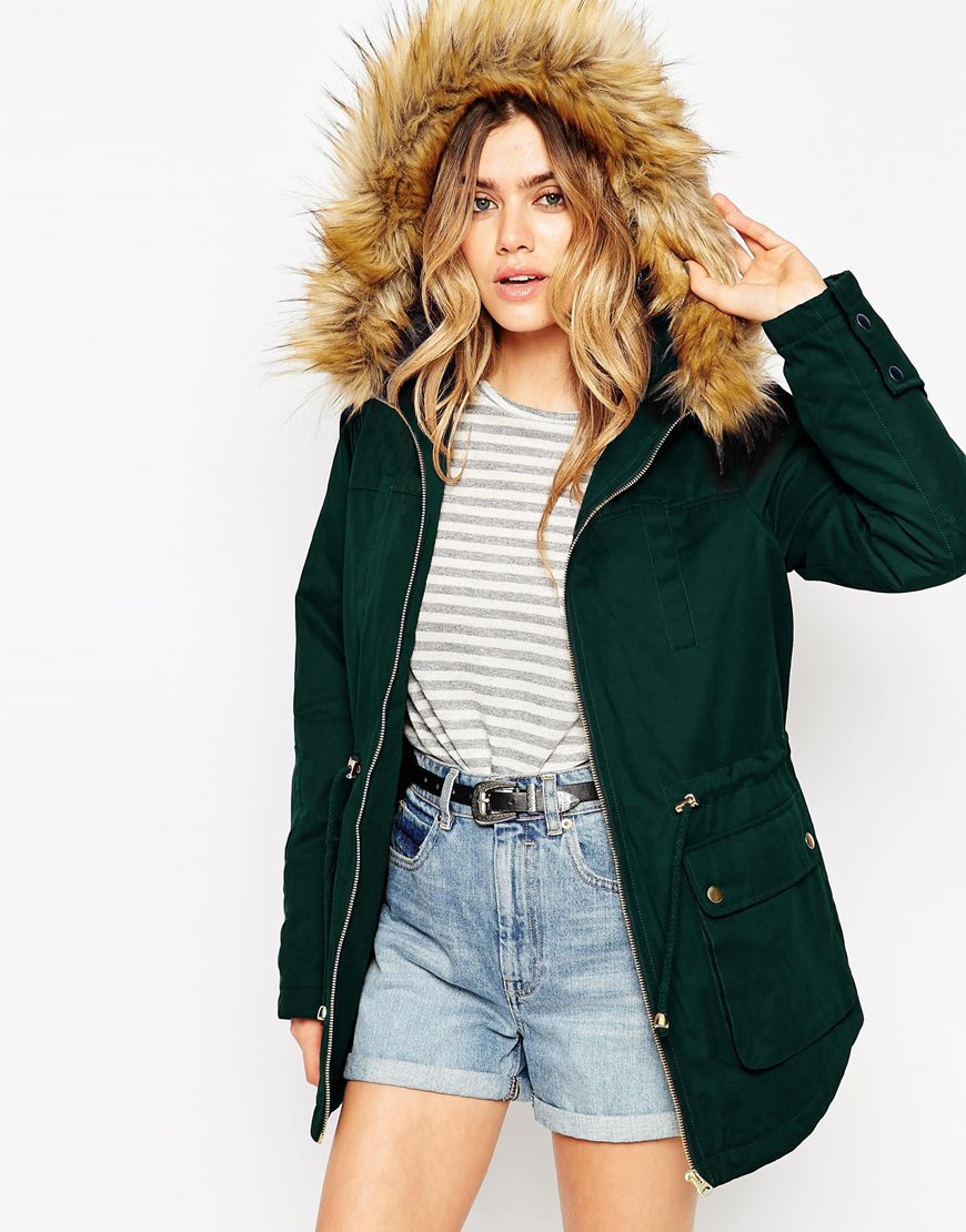 Ultimate Parka Khaki - pattern: plain; collar: funnel; style: parka; back detail: hood; length: mid thigh; predominant colour: dark green; occasions: casual; fit: straight cut (boxy); fibres: polyester/polyamide - mix; sleeve length: long sleeve; sleeve style: standard; texture group: cotton feel fabrics; collar break: high; pattern type: fabric; embellishment: fur; season: a/w 2015; trends: warm and fuzzy