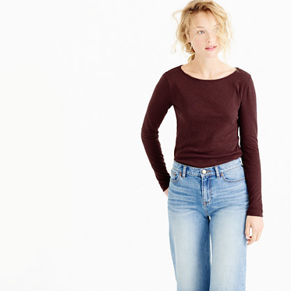 Long Sleeve Painter T Shirt - neckline: round neck; pattern: plain; style: t-shirt; predominant colour: aubergine; occasions: casual; length: standard; fibres: cotton - 100%; fit: body skimming; sleeve length: long sleeve; sleeve style: standard; pattern type: fabric; texture group: jersey - stretchy/drapey; season: a/w 2015