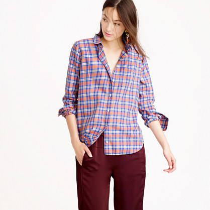 Petite Boy Shirt In Pink And Blue Plaid - neckline: shirt collar/peter pan/zip with opening; pattern: checked/gingham; style: shirt; predominant colour: pink; secondary colour: pale blue; occasions: casual; length: standard; fibres: cotton - 100%; fit: loose; sleeve length: 3/4 length; sleeve style: standard; pattern type: fabric; texture group: woven light midweight; multicoloured: multicoloured; season: a/w 2015