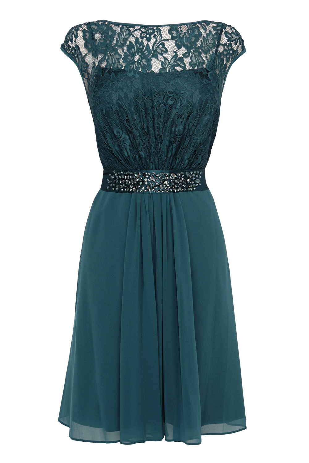 Lori Lee Lace Short Dress - neckline: slash/boat neckline; sleeve style: capped; fit: fitted at waist; pattern: plain; waist detail: embellishment at waist/feature waistband; predominant colour: teal; occasions: evening, occasion; length: just above the knee; style: fit & flare; bust detail: contrast pattern/fabric/detail at bust; sleeve length: short sleeve; texture group: sheer fabrics/chiffon/organza etc.; season: a/w 2015