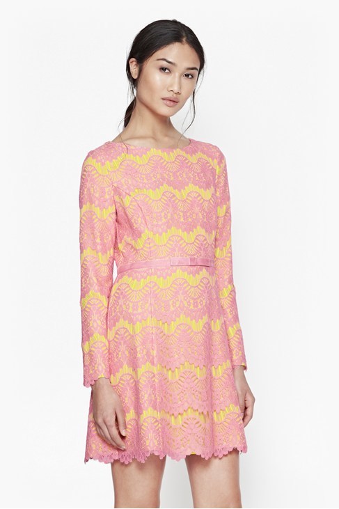 Linea Lace Shift Dress Acid Blonde Atomic Pink - length: mid thigh; neckline: round neck; predominant colour: pink; secondary colour: yellow; occasions: evening, occasion; fit: fitted at waist & bust; style: fit & flare; fibres: cotton - mix; sleeve length: long sleeve; sleeve style: standard; texture group: lace; pattern type: fabric; pattern: patterned/print; embellishment: lace; multicoloured: multicoloured; season: a/w 2015