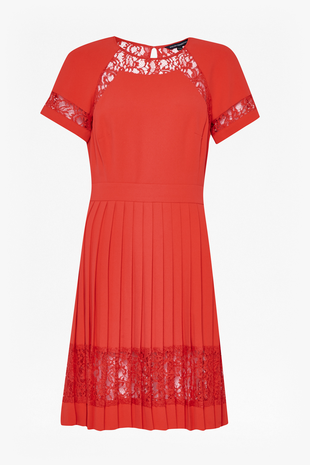 Arrow Lace Pleated Dress Black - style: shift; length: mid thigh; pattern: plain; secondary colour: pink; predominant colour: yellow; occasions: evening, occasion, creative work; fit: soft a-line; fibres: polyester/polyamide - 100%; neckline: crew; back detail: keyhole/peephole detail at back; sleeve length: short sleeve; sleeve style: standard; pattern type: fabric; pattern size: big & busy; texture group: other - light to midweight; embellishment: lace; multicoloured: multicoloured; season: a/w 2015