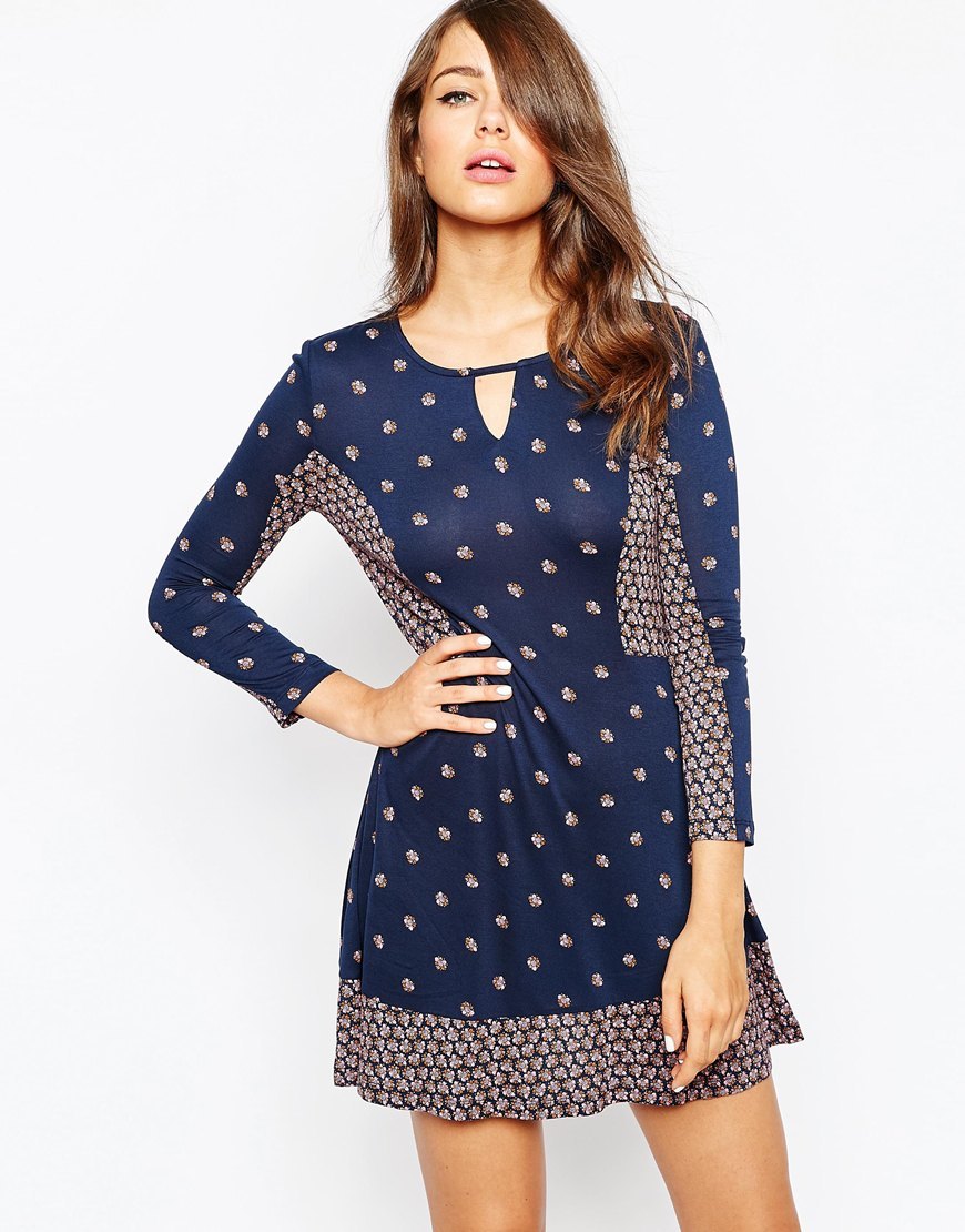 Woodstock Jersey Dress Nocturnal Multi - style: shift; length: mini; predominant colour: navy; occasions: casual; fit: soft a-line; neckline: peep hole neckline; sleeve length: long sleeve; sleeve style: standard; pattern: patterned/print; texture group: jersey - stretchy/drapey; season: a/w 2015