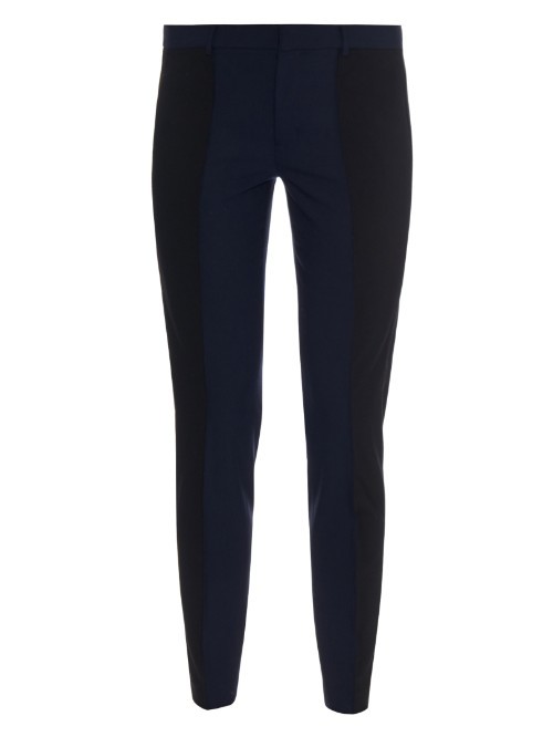Bi Colour Slim Leg Trousers - length: standard; waist: mid/regular rise; predominant colour: navy; secondary colour: black; occasions: casual, creative work; fit: slim leg; pattern type: fabric; pattern: colourblock; texture group: woven light midweight; style: standard; season: a/w 2015