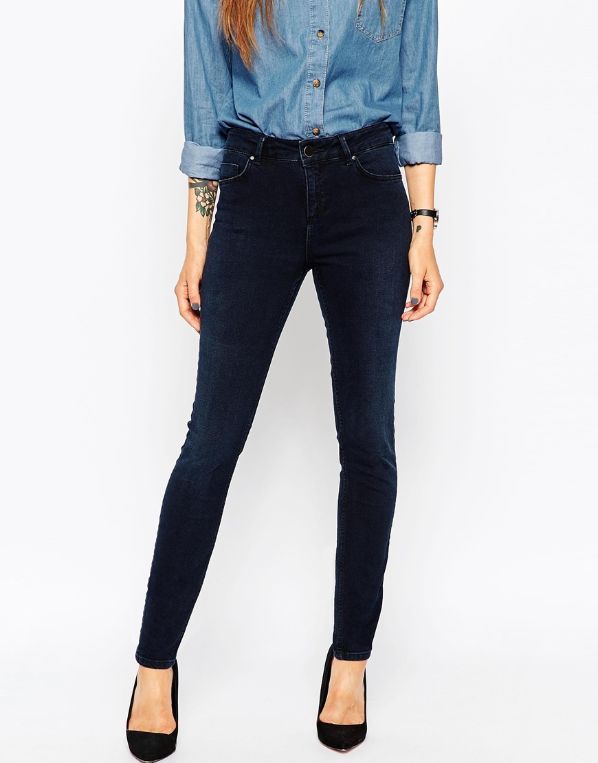 Lisbon Midrise Skinny Jeans In Jules Dark Wash Dark Stonewash - style: skinny leg; length: standard; pattern: plain; pocket detail: traditional 5 pocket; waist: mid/regular rise; predominant colour: navy; occasions: casual, creative work; fibres: cotton - stretch; jeans detail: shading down centre of thigh, dark wash; texture group: denim; pattern type: fabric; season: a/w 2015