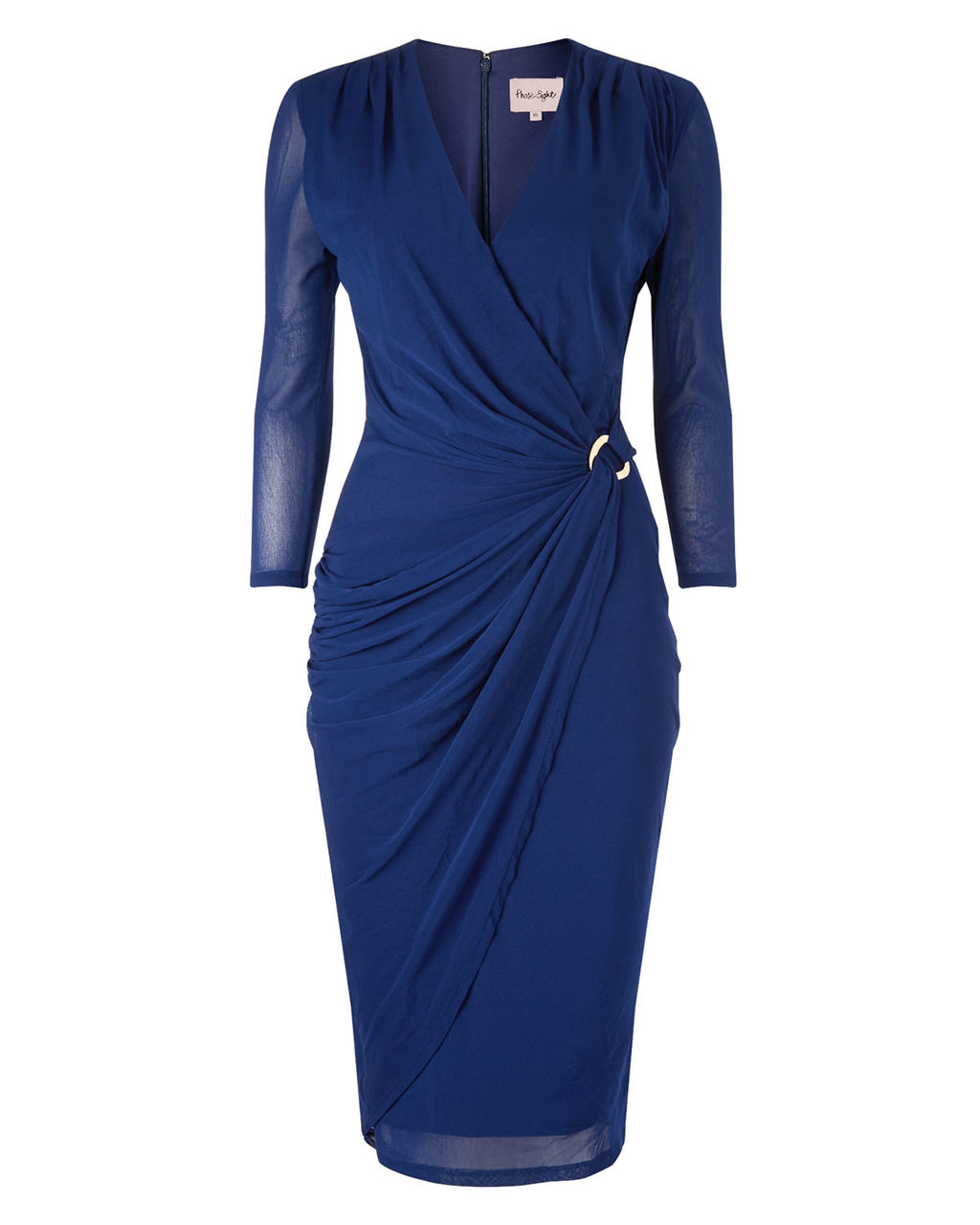Everleigh Mesh Dress - style: faux wrap/wrap; neckline: v-neck; pattern: plain; waist detail: twist front waist detail/nipped in at waist on one side/soft pleats/draping/ruching/gathering waist detail; predominant colour: royal blue; occasions: evening, occasion; length: on the knee; fit: body skimming; fibres: polyester/polyamide - 100%; sleeve length: 3/4 length; sleeve style: standard; texture group: sheer fabrics/chiffon/organza etc.; pattern type: fabric; season: a/w 2015