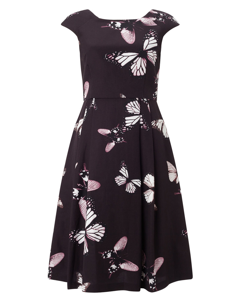 Corinne Dress - length: below the knee; neckline: round neck; sleeve style: capped; secondary colour: blush; predominant colour: black; occasions: evening, occasion; fit: fitted at waist & bust; style: fit & flare; fibres: cotton - mix; hip detail: soft pleats at hip/draping at hip/flared at hip; sleeve length: sleeveless; pattern type: fabric; pattern: florals; texture group: woven light midweight; multicoloured: multicoloured; season: a/w 2015