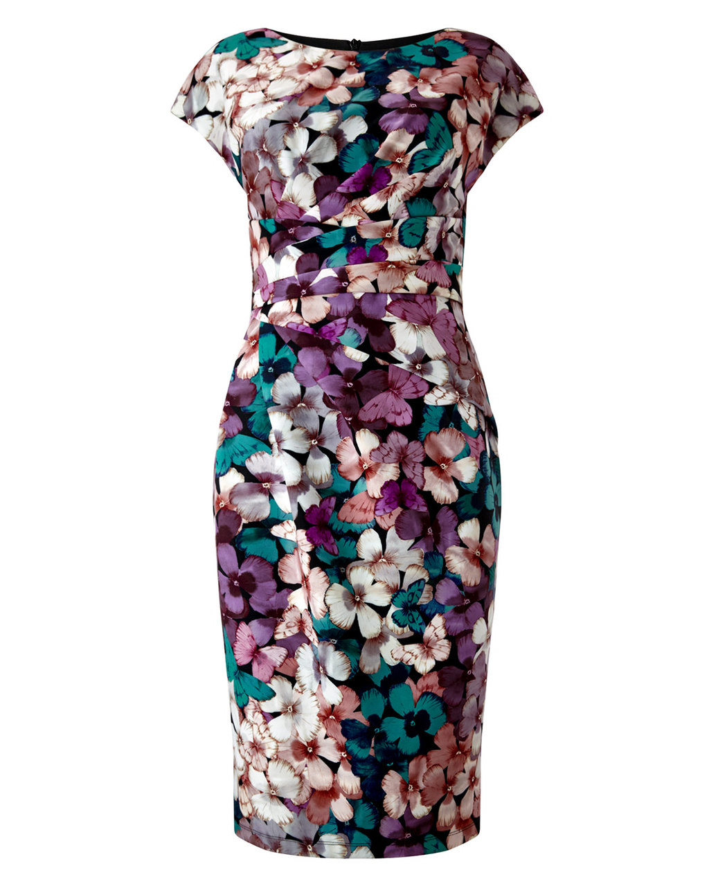 Bessy Floral Dress - style: shift; neckline: round neck; sleeve style: capped; secondary colour: ivory/cream; predominant colour: aubergine; occasions: evening, occasion; length: on the knee; fit: body skimming; fibres: polyester/polyamide - stretch; sleeve length: short sleeve; pattern type: fabric; pattern: florals; texture group: jersey - stretchy/drapey; multicoloured: multicoloured; season: a/w 2015