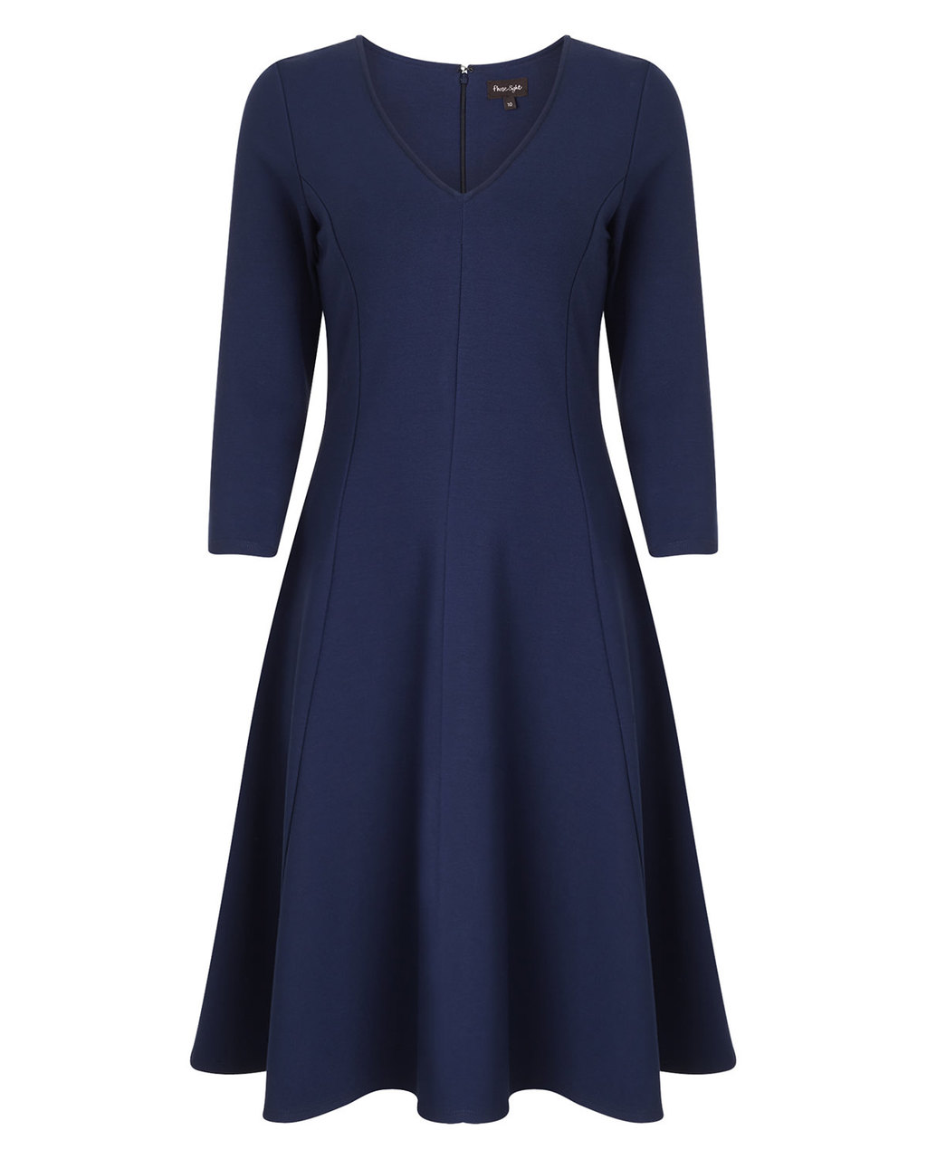 Sienna Skater Dress - neckline: v-neck; pattern: plain; predominant colour: navy; occasions: work, occasion; length: on the knee; fit: fitted at waist & bust; style: fit & flare; fibres: polyester/polyamide - mix; sleeve length: 3/4 length; sleeve style: standard; pattern type: fabric; texture group: other - light to midweight; season: a/w 2015