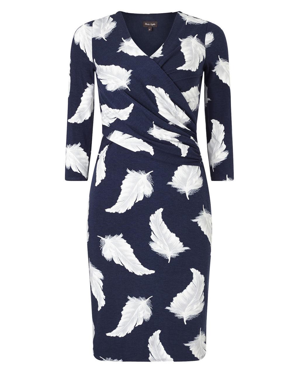 Feather Print Dress - style: shift; neckline: v-neck; fit: tailored/fitted; secondary colour: white; predominant colour: navy; occasions: evening, occasion; length: just above the knee; fibres: viscose/rayon - stretch; sleeve length: half sleeve; sleeve style: standard; pattern type: fabric; pattern: patterned/print; texture group: jersey - stretchy/drapey; multicoloured: multicoloured; season: a/w 2015