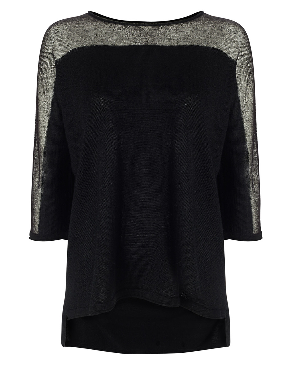 Sarina Sheer Shoulder Knit - pattern: plain; style: standard; predominant colour: black; occasions: casual, work; length: standard; fit: standard fit; neckline: crew; sleeve length: 3/4 length; sleeve style: standard; texture group: knits/crochet; pattern type: knitted - fine stitch; shoulder detail: sheer at shoulder; season: a/w 2015