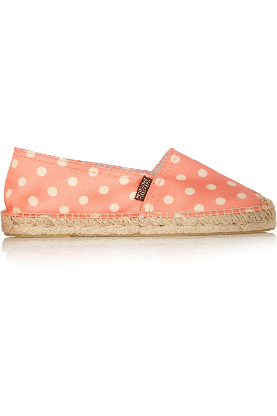 Polka Dot Satin Espadrilles Coral - predominant colour: ivory/cream; secondary colour: pink; occasions: casual, holiday; material: fabric; heel height: flat; toe: round toe; finish: plain; pattern: polka dot; style: espadrilles; season: a/w 2015