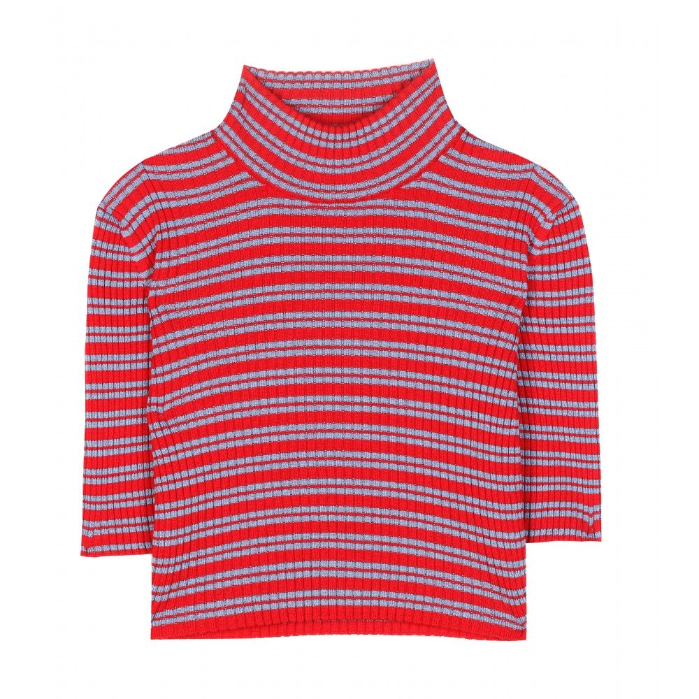 Cropped Wool Turtleneck Sweater - pattern: horizontal stripes; neckline: high neck; length: cropped; style: standard; predominant colour: true red; secondary colour: pale blue; occasions: casual, creative work; fibres: wool - 100%; fit: slim fit; sleeve length: half sleeve; sleeve style: standard; texture group: knits/crochet; pattern type: knitted - other; pattern size: standard; season: a/w 2015