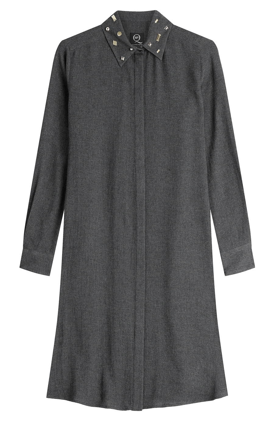 Shirt Dress With Wool Grey - style: shirt; neckline: shirt collar/peter pan/zip with opening; pattern: plain; predominant colour: denim; occasions: casual, creative work; length: just above the knee; fit: straight cut; fibres: wool - mix; sleeve length: long sleeve; sleeve style: standard; pattern type: fabric; texture group: woven light midweight; embellishment: studs; season: a/w 2015