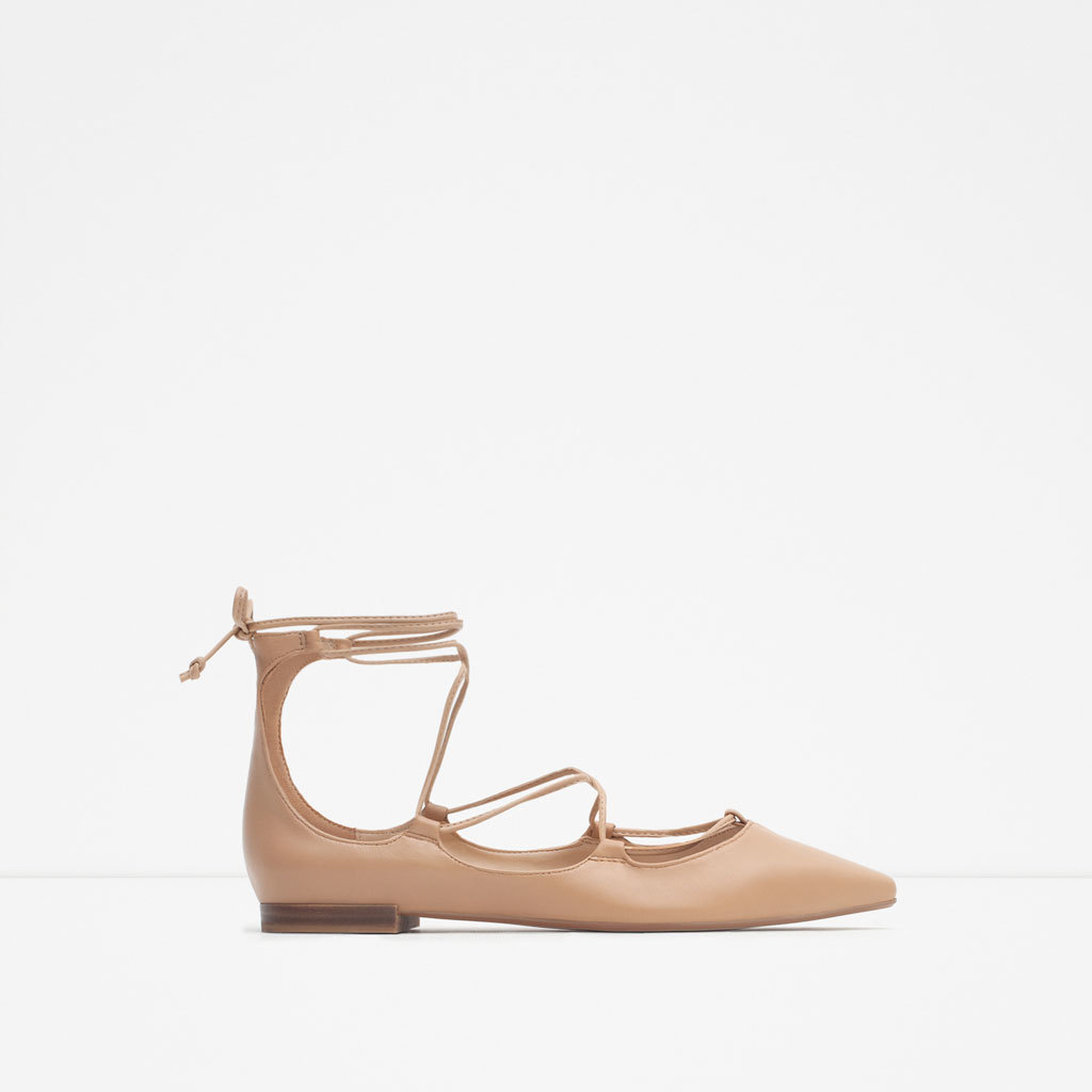 Tie Up Leather Ballerinas - predominant colour: stone; occasions: casual, creative work; material: leather; heel height: flat; ankle detail: ankle strap; toe: pointed toe; style: ballerinas / pumps; finish: plain; pattern: plain; season: a/w 2015; wardrobe: basic