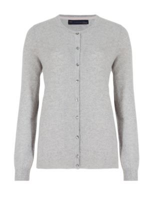 Pure Cashmere Button Through Cardigan - neckline: round neck; pattern: plain; predominant colour: light grey; occasions: casual, work, creative work; length: standard; style: standard; fit: slim fit; fibres: cashmere - 100%; sleeve length: long sleeve; sleeve style: standard; texture group: knits/crochet; pattern type: knitted - fine stitch; season: s/s 2015