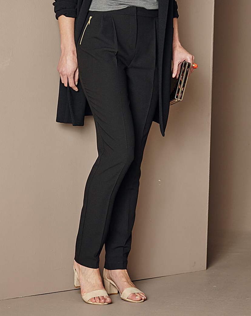 Crepe Peg Zip Stretch Trousers Regular - length: standard; pattern: plain; waist: mid/regular rise; predominant colour: black; occasions: evening, work, creative work; fit: straight leg; pattern type: fabric; texture group: woven light midweight; style: standard; season: a/w 2015