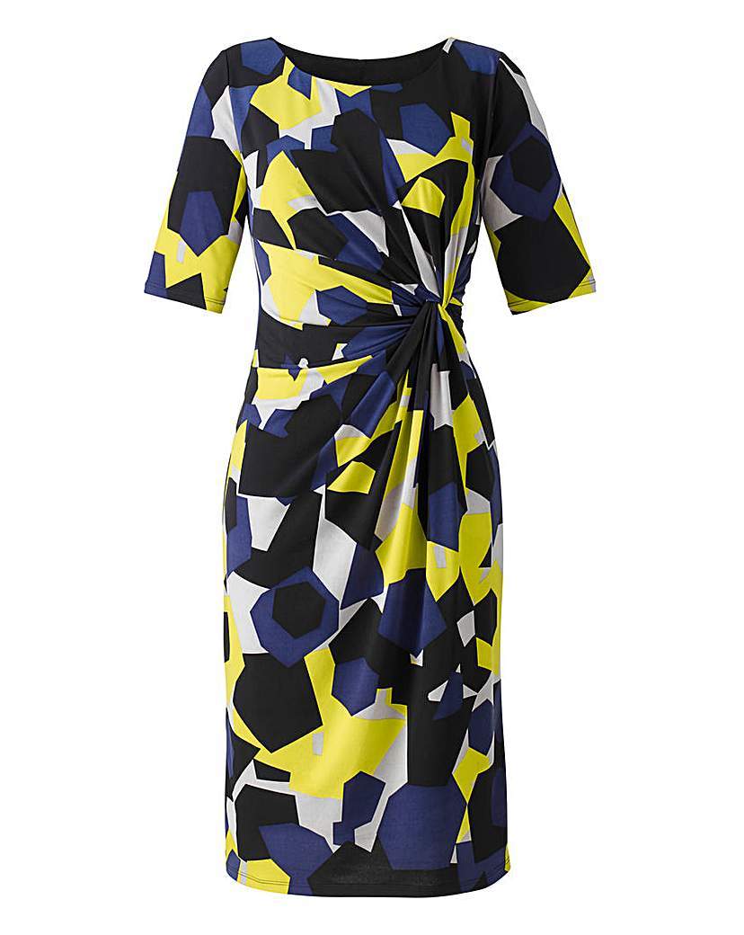 Geo Print Twist Front Dress - style: shift; length: below the knee; neckline: round neck; waist detail: twist front waist detail/nipped in at waist on one side/soft pleats/draping/ruching/gathering waist detail; predominant colour: navy; secondary colour: yellow; occasions: evening, creative work; fit: body skimming; sleeve length: half sleeve; sleeve style: standard; pattern type: fabric; pattern size: standard; pattern: patterned/print; texture group: jersey - stretchy/drapey; season: a/w 2015