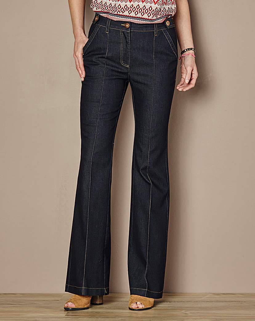 High Waisted Cotton Kick Flare Jean - style: flares; length: standard; pattern: plain; pocket detail: pockets at the sides; waist: mid/regular rise; predominant colour: navy; occasions: casual, creative work; fibres: cotton - stretch; jeans detail: dark wash; texture group: denim; pattern type: fabric; season: a/w 2015