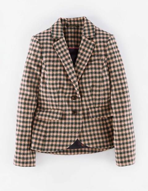British Tweed Blazer Four Colour Gingham Women, Four Colour Gingham - pattern: checked/gingham; length: standard; style: single breasted; collar: standard lapel/rever collar; secondary colour: navy; predominant colour: stone; occasions: casual, creative work; fit: tailored/fitted; sleeve length: long sleeve; sleeve style: standard; collar break: medium; pattern type: fabric; pattern size: standard; texture group: woven light midweight; season: a/w 2015