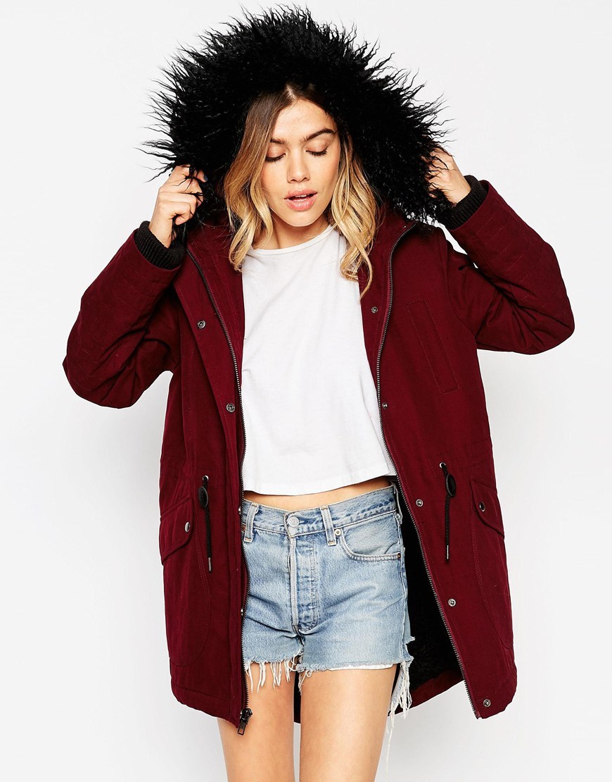 Parka In Cocoon Fit Berry - pattern: plain; collar: funnel; fit: loose; style: parka; back detail: hood; length: mid thigh; occasions: casual; waist detail: belted waist/tie at waist/drawstring; sleeve length: long sleeve; sleeve style: standard; texture group: cotton feel fabrics; collar break: high; pattern type: fabric; pattern size: standard; embellishment: fur; predominant colour: raspberry; season: a/w 2015