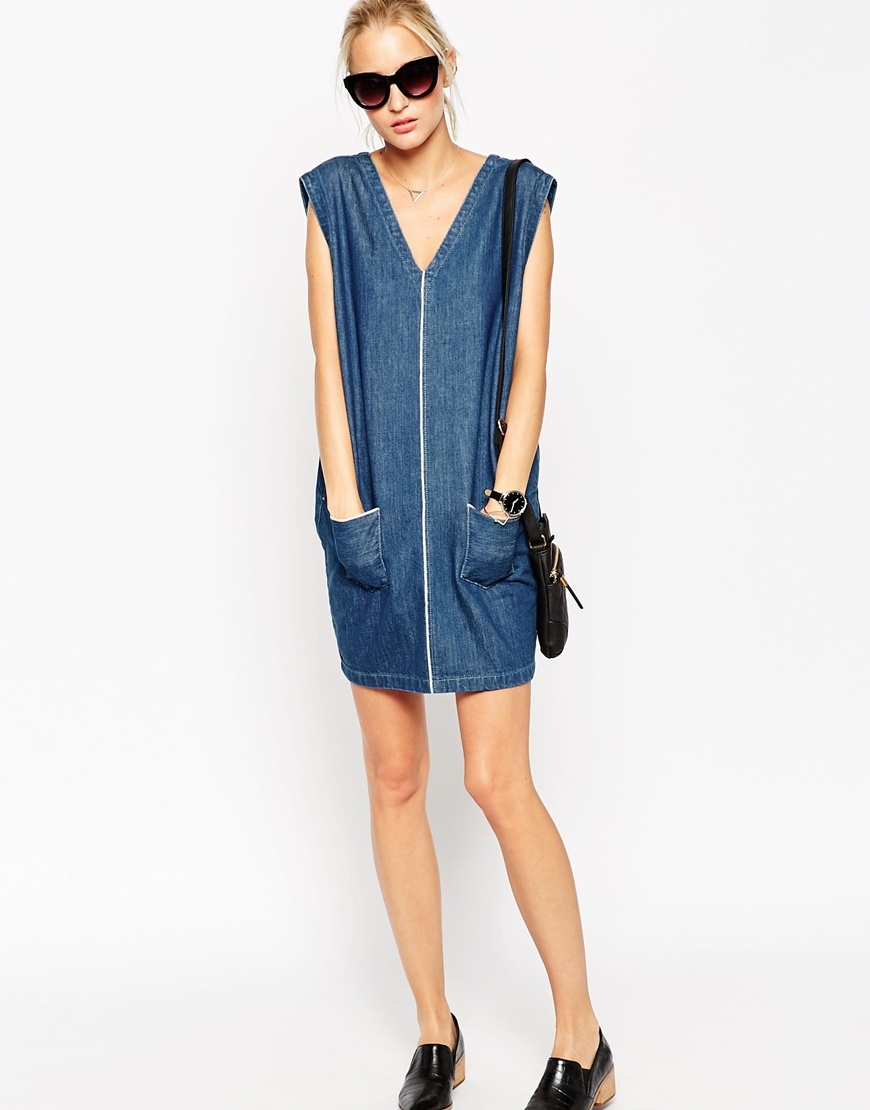 Selvedge Denim Dress Blue - style: tunic; length: mid thigh; neckline: low v-neck; pattern: plain; sleeve style: sleeveless; hip detail: front pockets at hip; predominant colour: denim; occasions: casual, creative work; fit: body skimming; fibres: cotton - mix; sleeve length: sleeveless; texture group: denim; pattern type: fabric; embellishment: zips; season: a/w 2015