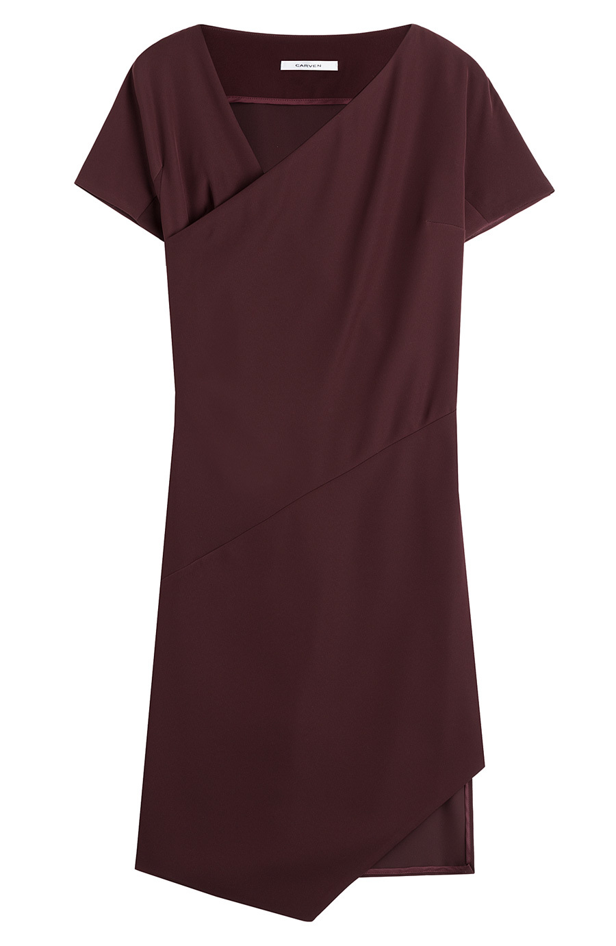 Dress With Asymmetric Hem Red - pattern: plain; neckline: asymmetric; predominant colour: burgundy; occasions: evening, occasion, creative work; length: on the knee; fit: body skimming; style: asymmetric (hem); fibres: polyester/polyamide - 100%; sleeve length: short sleeve; sleeve style: standard; pattern type: fabric; texture group: jersey - stretchy/drapey; season: a/w 2015