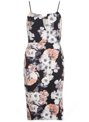 Womens **Jolie Moi Black Floral V Neck Dress Black - style: shift; length: below the knee; neckline: v-neck; sleeve style: spaghetti straps; fit: tailored/fitted; secondary colour: light grey; predominant colour: black; occasions: evening, occasion; sleeve length: sleeveless; pattern type: fabric; pattern: florals; texture group: other - light to midweight; multicoloured: multicoloured; season: a/w 2015