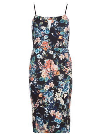 Womens **Jolie Moi Teal Floral V Neck Dress Blue - style: shift; length: below the knee; sleeve style: spaghetti straps; fit: tailored/fitted; predominant colour: black; occasions: evening; sleeve length: sleeveless; neckline: low square neck; pattern type: fabric; pattern size: standard; pattern: florals; texture group: jersey - stretchy/drapey; season: a/w 2015