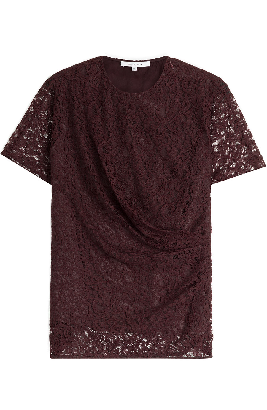 Draped Lace Top Red - waist detail: twist front waist detail/nipped in at waist on one side/soft pleats/draping/ruching/gathering waist detail; predominant colour: burgundy; occasions: evening; length: standard; style: top; fit: body skimming; neckline: crew; sleeve length: short sleeve; sleeve style: standard; texture group: lace; pattern type: fabric; pattern size: light/subtle; pattern: patterned/print; embellishment: lace; season: a/w 2015