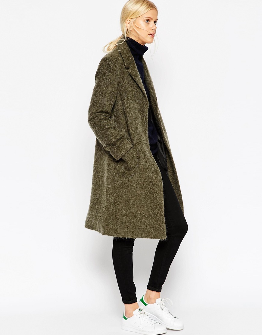 Coat With Seam Detail In Hairy Wool Khaki - pattern: plain; style: single breasted; length: on the knee; collar: standard lapel/rever collar; predominant colour: khaki; occasions: casual, creative work; fit: straight cut (boxy); sleeve length: long sleeve; sleeve style: standard; collar break: low/open; pattern type: fabric; texture group: woven bulky/heavy; season: a/w 2015