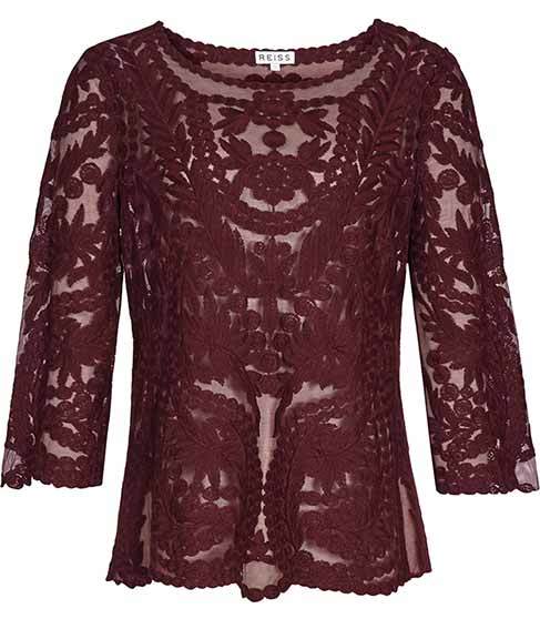 Alden Sheer Lace Top - pattern: plain; predominant colour: burgundy; occasions: evening; length: standard; style: top; fibres: polyester/polyamide - 100%; fit: body skimming; neckline: crew; sleeve length: 3/4 length; sleeve style: standard; texture group: lace; pattern type: fabric; pattern size: standard; season: a/w 2015