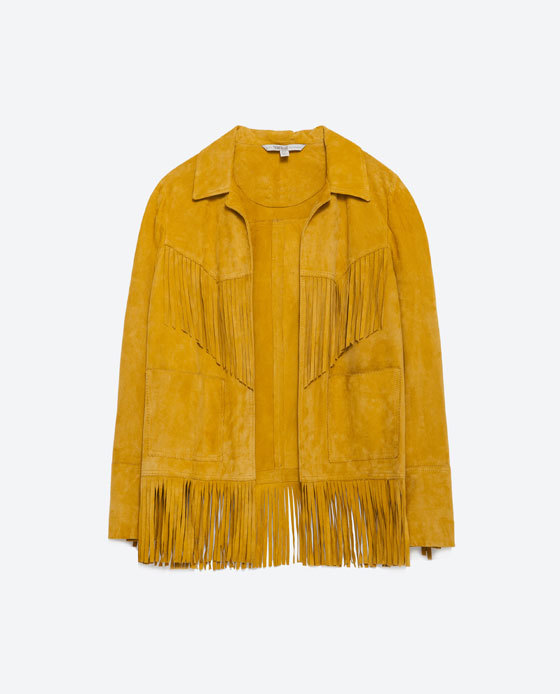 Suede Jacket - pattern: plain; style: single breasted blazer; predominant colour: mustard; occasions: casual, creative work; length: standard; fit: straight cut (boxy); fibres: leather - 100%; collar: shirt collar/peter pan/zip with opening; sleeve length: long sleeve; sleeve style: standard; collar break: high; pattern type: fabric; texture group: suede; embellishment: fringing; season: a/w 2015; wardrobe: highlight; embellishment location: bust, hip