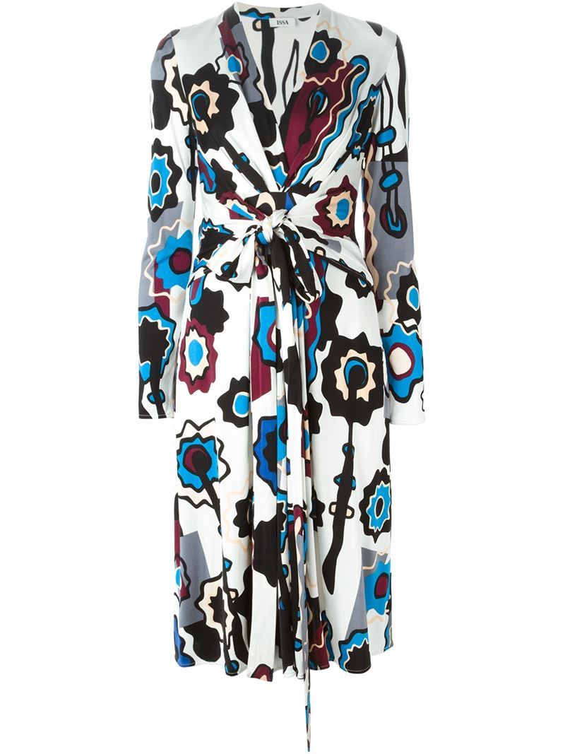 Longlseeved Floral Print Dress, Women's, White - style: faux wrap/wrap; length: below the knee; neckline: v-neck; fit: fitted at waist; waist detail: twist front waist detail/nipped in at waist on one side/soft pleats/draping/ruching/gathering waist detail; predominant colour: white; secondary colour: black; occasions: evening, creative work; fibres: silk - mix; sleeve length: long sleeve; sleeve style: standard; pattern type: fabric; pattern size: big & busy; pattern: florals; texture group: jersey - stretchy/drapey; multicoloured: multicoloured; season: a/w 2015
