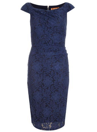 Womens **Jolie Moi Navy Lace Ruched Dress Blue - style: shift; length: below the knee; neckline: round neck; sleeve style: capped; fit: tight; predominant colour: navy; occasions: occasion; sleeve length: short sleeve; texture group: lace; pattern type: fabric; pattern: patterned/print; season: a/w 2015