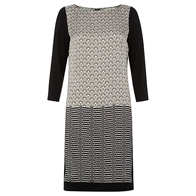 Kyoto Print Dress, Black/Multi - style: tunic; neckline: slash/boat neckline; secondary colour: light grey; predominant colour: black; occasions: casual, creative work; length: just above the knee; fit: straight cut; fibres: polyester/polyamide - 100%; sleeve length: 3/4 length; sleeve style: standard; texture group: silky - light; pattern type: fabric; pattern: patterned/print; season: a/w 2015
