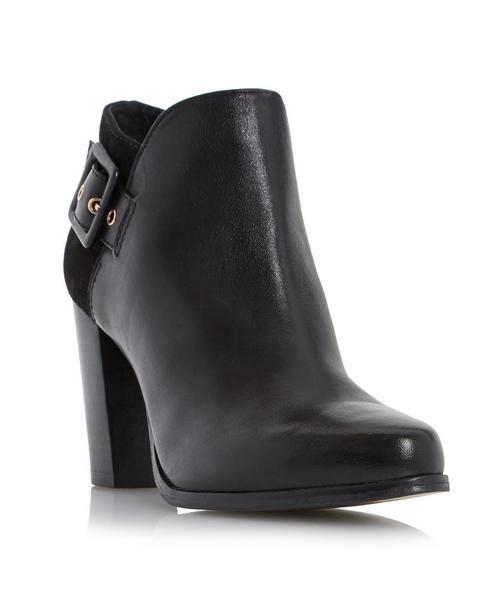 Oaklee Side Buckle Block Heel Ankle Boot - predominant colour: black; occasions: casual, creative work; material: leather; heel height: high; embellishment: buckles; heel: block; toe: round toe; boot length: ankle boot; style: standard; finish: plain; pattern: plain; season: a/w 2015