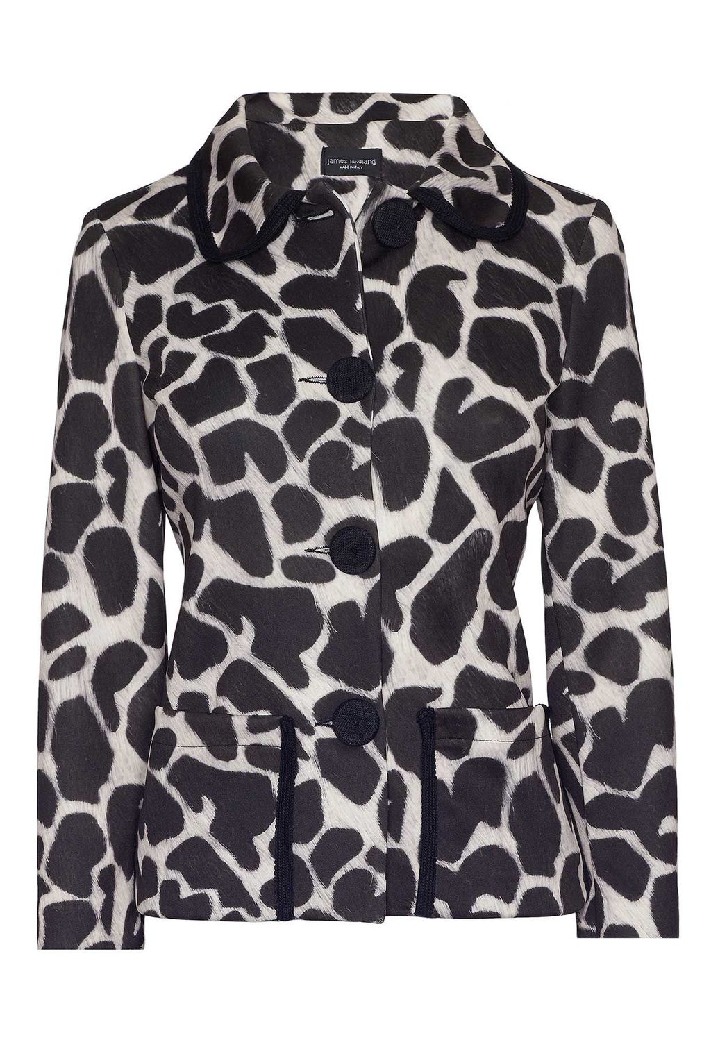 Leopard Print Short Jacket, Black - style: single breasted blazer; secondary colour: ivory/cream; predominant colour: black; occasions: casual, evening, occasion, creative work; length: standard; fit: tailored/fitted; fibres: polyester/polyamide - stretch; collar: shirt collar/peter pan/zip with opening; hip detail: added detail/embellishment at hip; waist detail: fitted waist; sleeve length: long sleeve; sleeve style: standard; collar break: high; pattern type: fabric; pattern size: standard; pattern: animal print; texture group: woven light midweight; season: a/w 2015