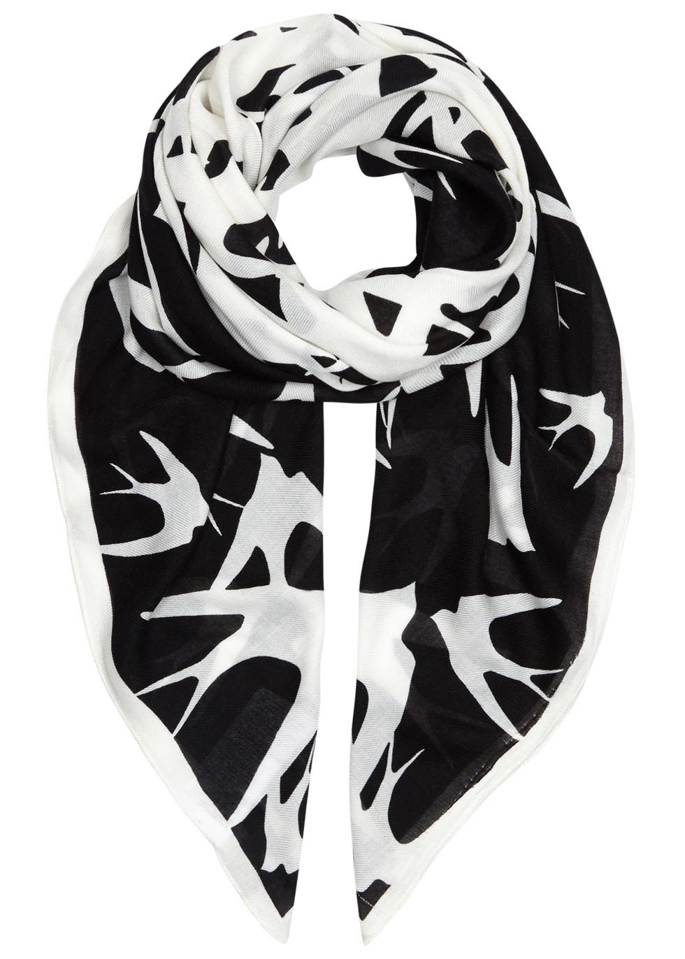 Swallow Swarm Printed Modal Blend Scarf - secondary colour: white; predominant colour: black; occasions: casual, creative work; type of pattern: large; style: square; size: standard; material: fabric; trends: monochrome; pattern: patterned/print; season: a/w 2015