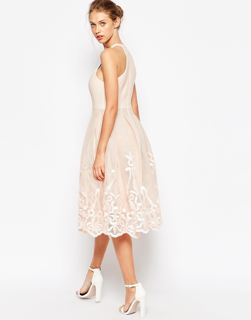 Embroidered Floral Super Full Mesh Dress Ice Blue - length: below the knee; sleeve style: sleeveless; neckline: high neck; secondary colour: white; predominant colour: blush; occasions: evening, occasion; fit: fitted at waist & bust; style: fit & flare; fibres: polyester/polyamide - 100%; hip detail: added detail/embellishment at hip; sleeve length: sleeveless; texture group: sheer fabrics/chiffon/organza etc.; pattern type: fabric; pattern: patterned/print; embellishment: embroidered; multicoloured: multicoloured; season: a/w 2015