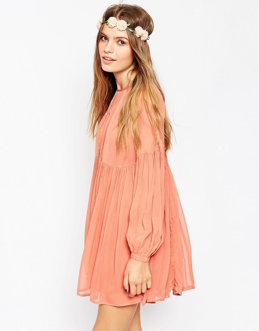 Soft Babydoll Dress Terracotta - style: smock; length: mid thigh; pattern: plain; sleeve style: balloon; predominant colour: nude; occasions: casual; fit: soft a-line; fibres: viscose/rayon - 100%; neckline: crew; hip detail: soft pleats at hip/draping at hip/flared at hip; sleeve length: long sleeve; texture group: sheer fabrics/chiffon/organza etc.; pattern type: fabric; season: a/w 2015