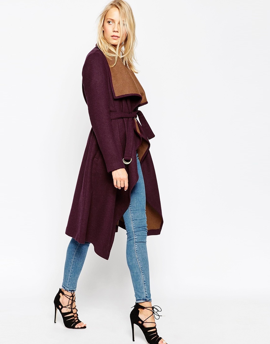 Coat With Waterfall Front And Belt Berry - collar: shawl/waterfall; fit: loose; style: wrap around; predominant colour: burgundy; secondary colour: tan; occasions: casual, creative work; fibres: wool - mix; length: below the knee; waist detail: belted waist/tie at waist/drawstring; sleeve length: long sleeve; sleeve style: standard; collar break: medium; pattern type: fabric; pattern: colourblock; texture group: woven bulky/heavy; season: a/w 2015