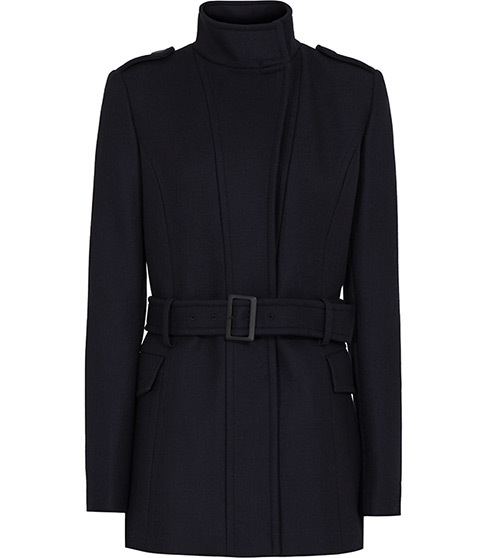 Enara Belted Coat - pattern: plain; length: below the bottom; collar: funnel; style: single breasted; predominant colour: navy; occasions: casual, creative work; fit: tailored/fitted; waist detail: belted waist/tie at waist/drawstring; sleeve length: long sleeve; sleeve style: standard; collar break: high; pattern type: fabric; texture group: woven bulky/heavy; season: a/w 2015