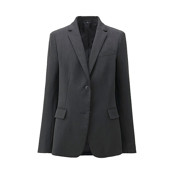 Women Striped Stretch Blazer Dark Gray - style: single breasted blazer; pattern: pinstripe; collar: standard lapel/rever collar; predominant colour: charcoal; occasions: work; length: standard; fit: tailored/fitted; fibres: cotton - mix; hip detail: added detail/embellishment at hip; sleeve length: long sleeve; sleeve style: standard; collar break: medium; pattern type: fabric; pattern size: light/subtle; texture group: woven light midweight; season: a/w 2015
